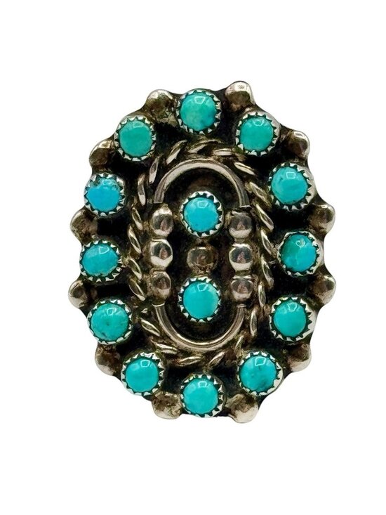 Native American Artisan Jewelry - Native American Petit Point Turquoise Sterling Silver Ring Size 6